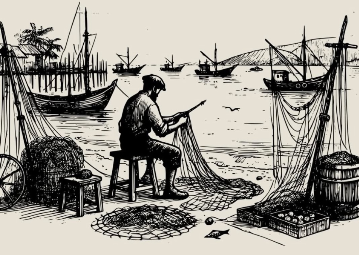 Fisherman repairing nets illustration